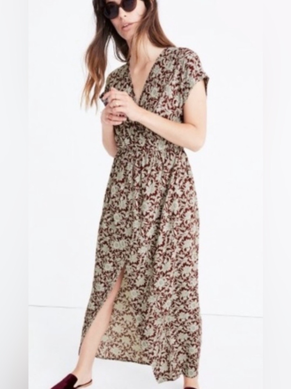 Madewell Wrap-Front Maxi Dress Estate Floral Size 2 Burgundy Faux Wrap Boho Fall